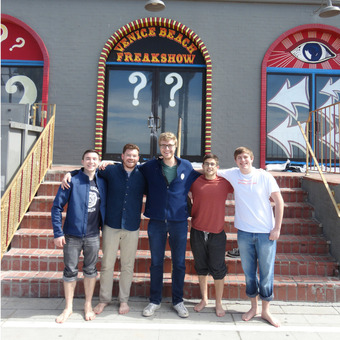 Nothing freaky about it! DePauw Debaters enjoy the sights and sounds of Venice Beach before the NEDA National Tournament. Pictured (left to right): Liam Byrnes, Matt Piggins, Mickey Terlep, Danny Schultz, and Jack Williams.