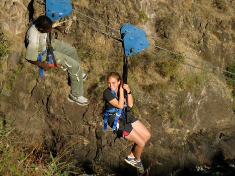Nicki on zipline over Victoria Falls, Zimbabwe
