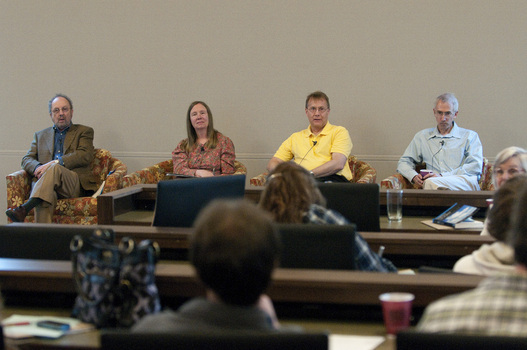 Claudia Mills (center) with Bob Steele (left), David Perry (center) and David Sloan Wilson (right) at the 2010 Undergraduate Ethics Symposium