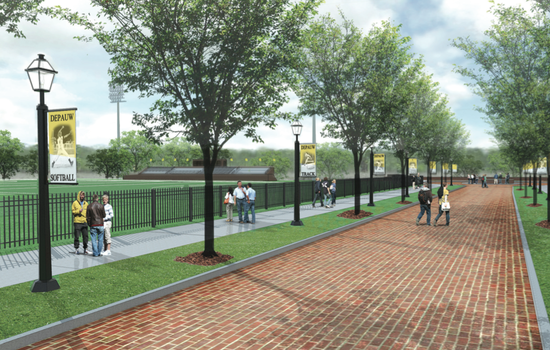 Rendering of proposed enhancements to Hanna Street, the entrance to DePauw's athletic campus.