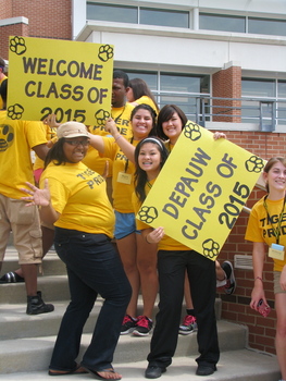 Shavon Mathus ('14), Mayra Garces ('13), Lisa Poole ('12) & Sandy Tran ('14) welcome First-Year Students during the Opening Convocation