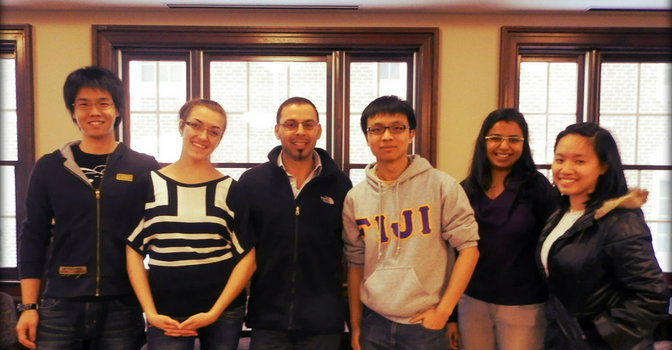 International Student Association 2012-2013 executive board members Yuki Nakano, Oksana Polhuy, Tao Qian, Meghali Deshmukh and Hien Nguyen, with organization advisor Loutfi Jirari