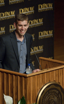 Brad Stevens '99, the Head Coach of the Butler Bulldogs, speaks as part of the McDermond Lecture Series.