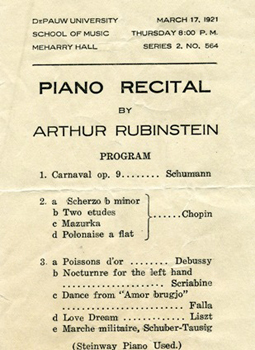 1921—Legendary pianist Arthur Rubinstein gives a recital in Meharry Hall on March 17 