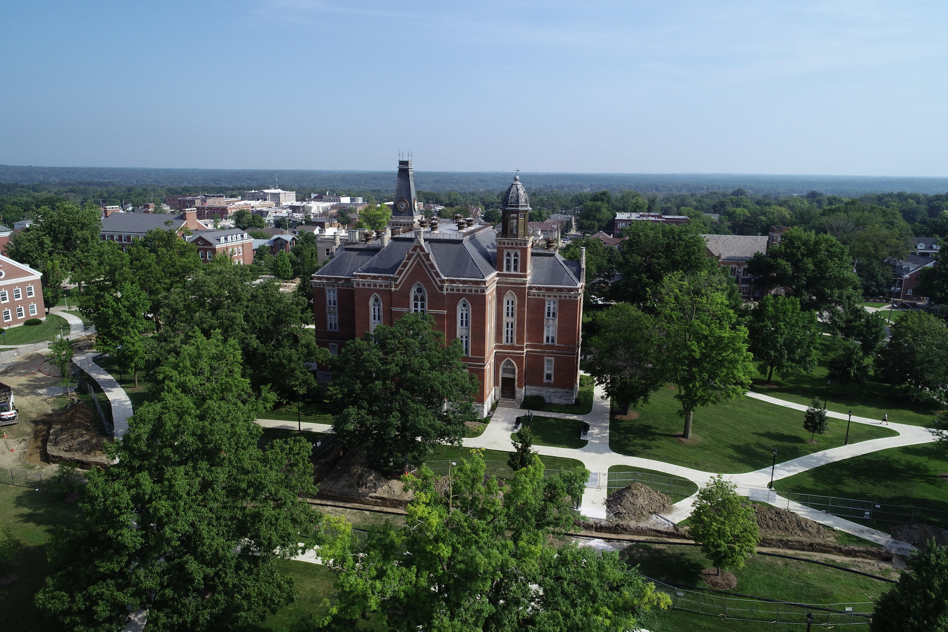 drone photo of east college with construction trenches