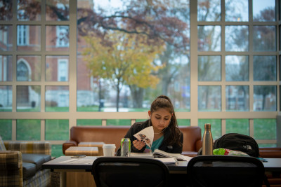 Student studying in campus living room