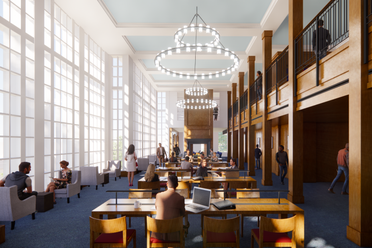 Rendering of the Roy O West Reading Room with a wall of windows, chandelier lighting, and people sitting in chairs and at tables reading