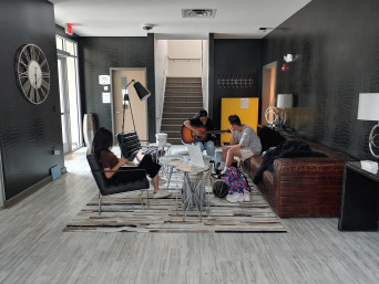 Students collaborating in a meeting space
