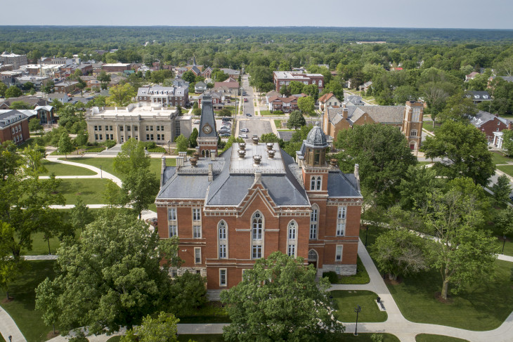 Aerial shot of campus with East College in the foreground.