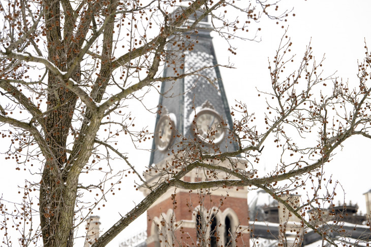 East College tower on a snowy day