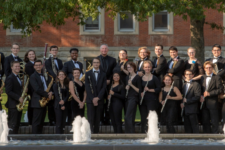 University Band behind fountain on Stewart Plaza