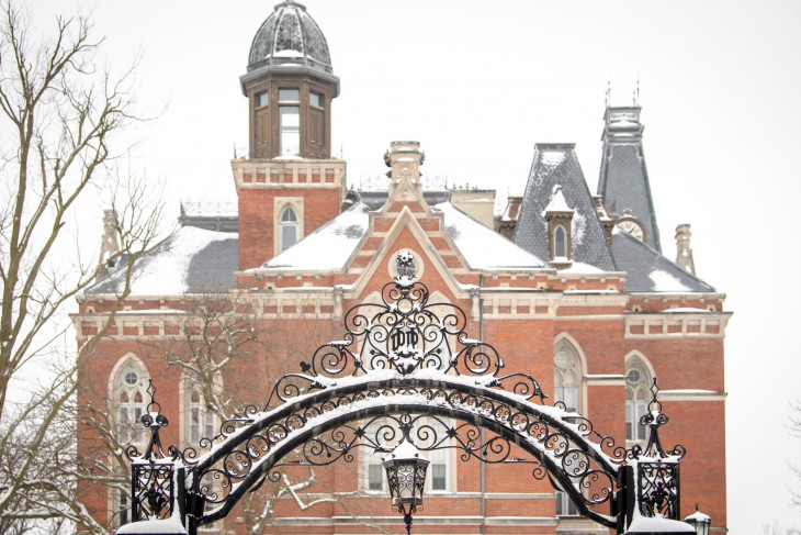 East College with a skiff of snow