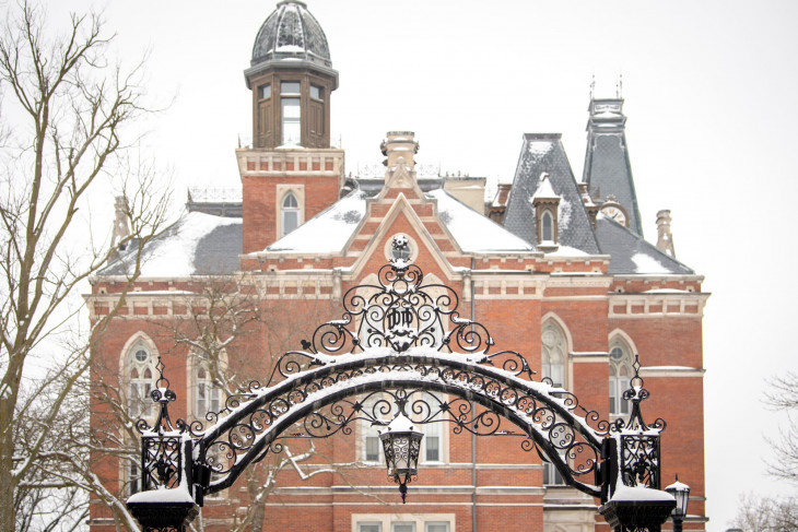 Arch and East College on a snowy day