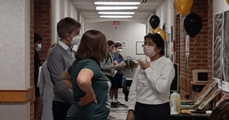 Students collaborating at the bio fair