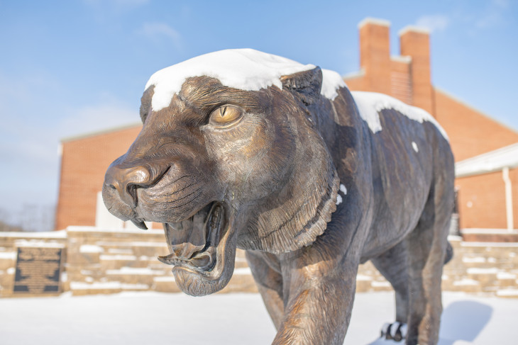DePauw tiger statue outside covered in snow