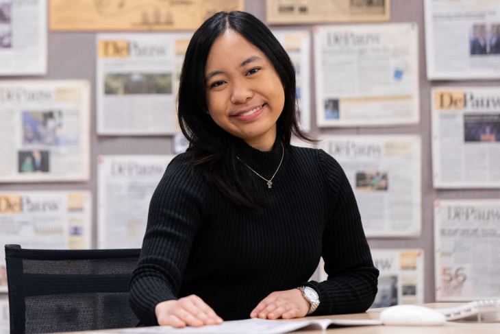 Photo of Eliana working on The DePauw newspaper