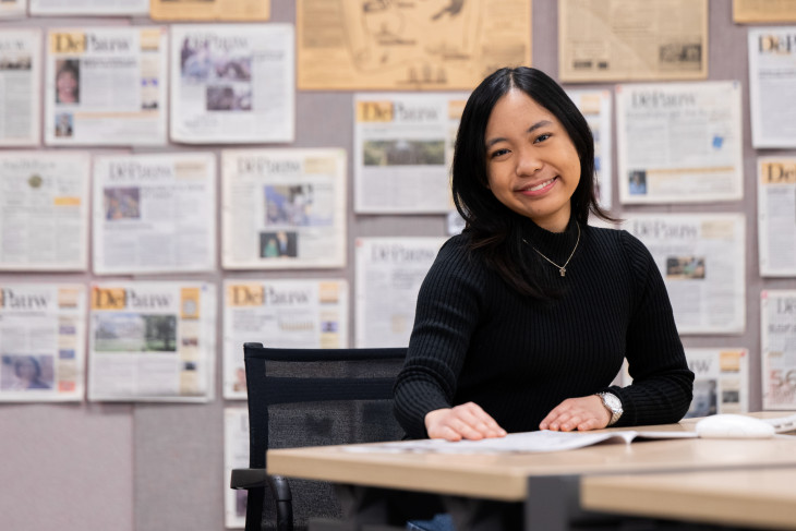 Eliana Alzate in front of The DePauw newspaper