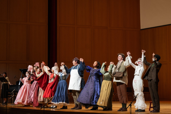 DePauw theatre cast taking a bow on stage