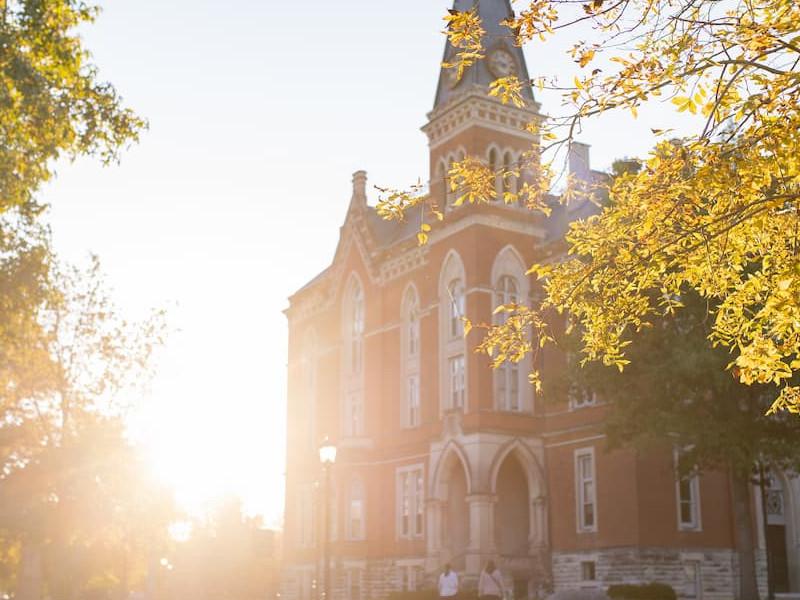 A historic brick university building with a prominent clock tower viewed at sunset through golden autumn leaves.