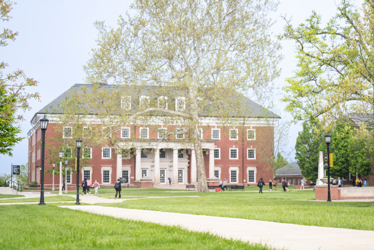 Roy O. West Library on a spring day