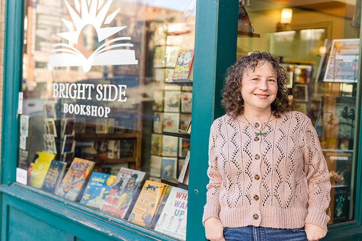 Cori Cusker in front of Bright Side Bookshop