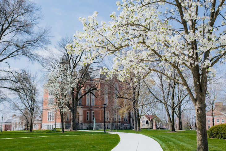Blooming trees with East College in the background