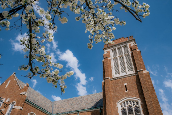 Clock tower with spring buds in the foreground