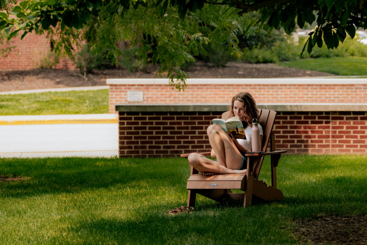 Student reading a book in an Adirondack chair beneath a tree