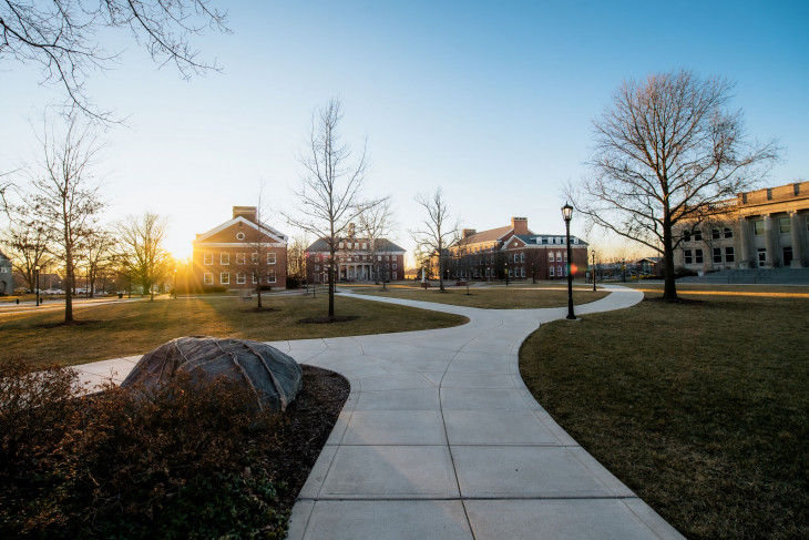 Campus shot with setting sun in the background  