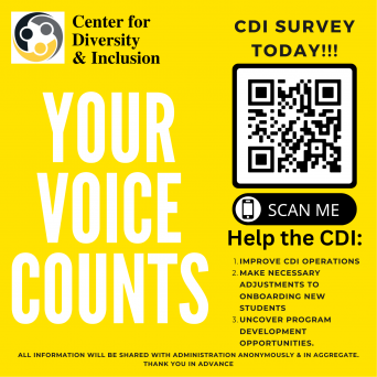 Your Voice Counts banner requesting participation in a survery to improve CDI Operations, Make necessary adjustments to onboarding new students, and uncover program development opportunities