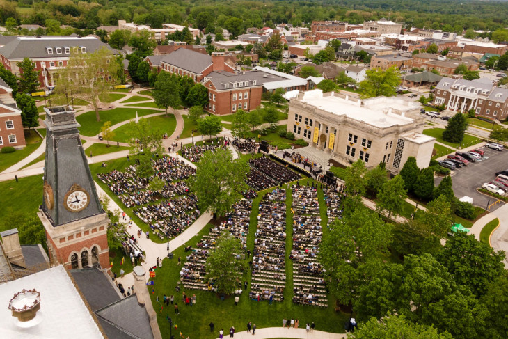 Aerial shot of campus during commencement.