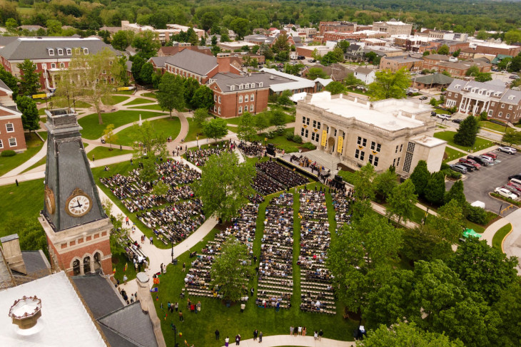 Aerial shot of campus during commencement.
