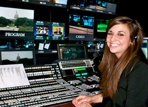 Lydia Hayden in the control booth while interning at SPAN in Washington, D.C.