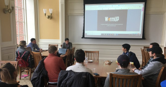 Alumnus Mike Hurley '07 presents his startup company Warmup's pitch to the DePauw Entrepreneurship Group