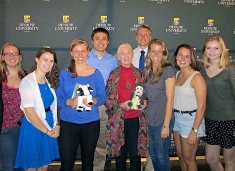 Environmental Fellows students posing with Jane Goodall