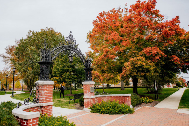 Colorful trees surround the arch 