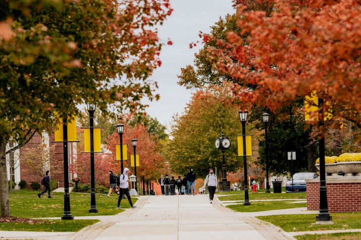 Students walk along sidewalk edged by orange-leafed trees