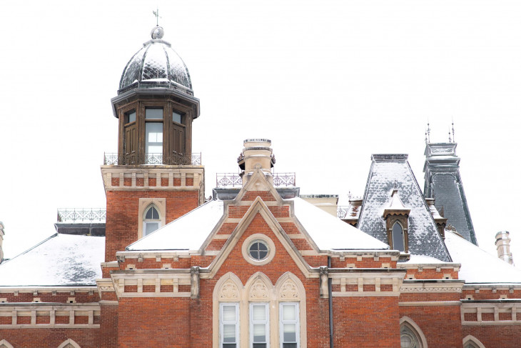 Snow covered roof of East College