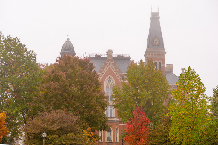 East College in fog