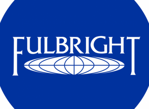 Fulbright logo with blue background and white print
