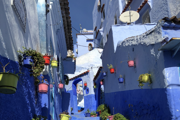 A colorful street in Chefchouan, Morocco 