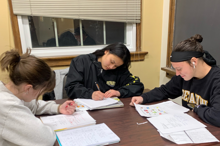 A group of three students studying together.