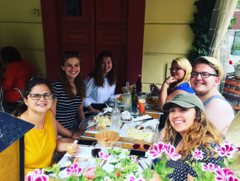 students eating at café