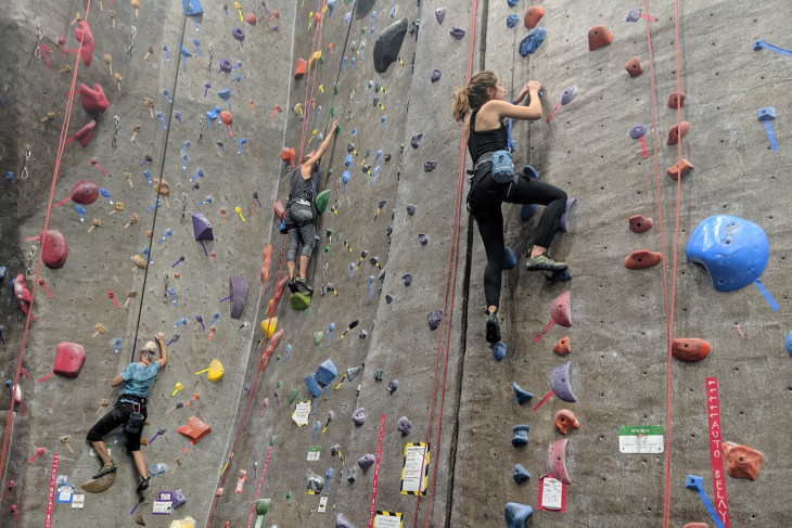 students rock climbing indoors