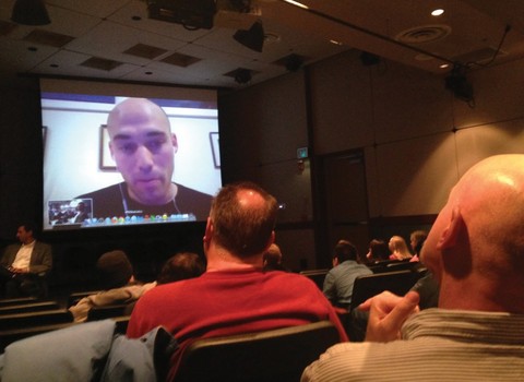 Joshua Oppenheimer, discussing his Oscar-nominated documentary, "The Act of Killing," with a Film Studies audience