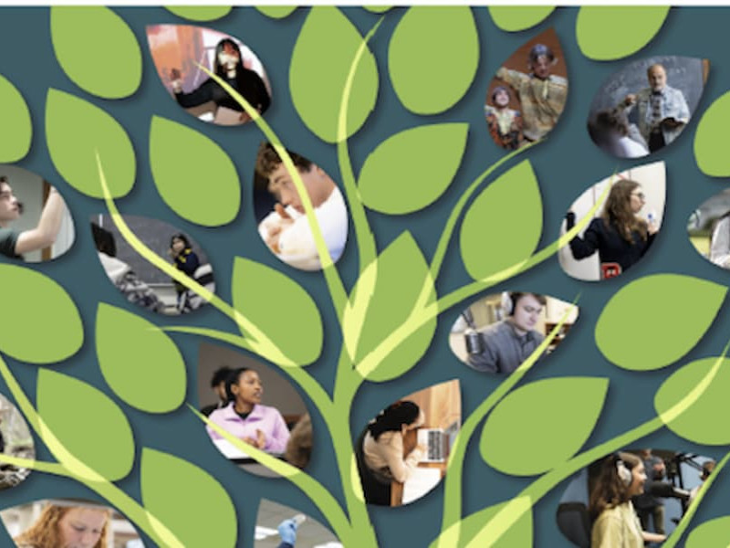 A graphic illustration of a tree where individual leaves feature circular photos of students engaged in various academic and extracurricular activities.