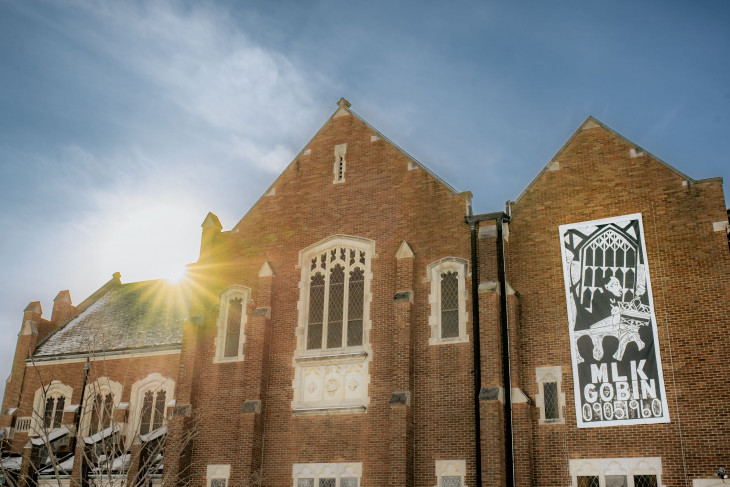 Gobin Memorial Church with the sun setting behind it