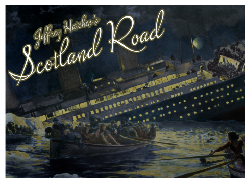 poster with titanic sinking at night and text