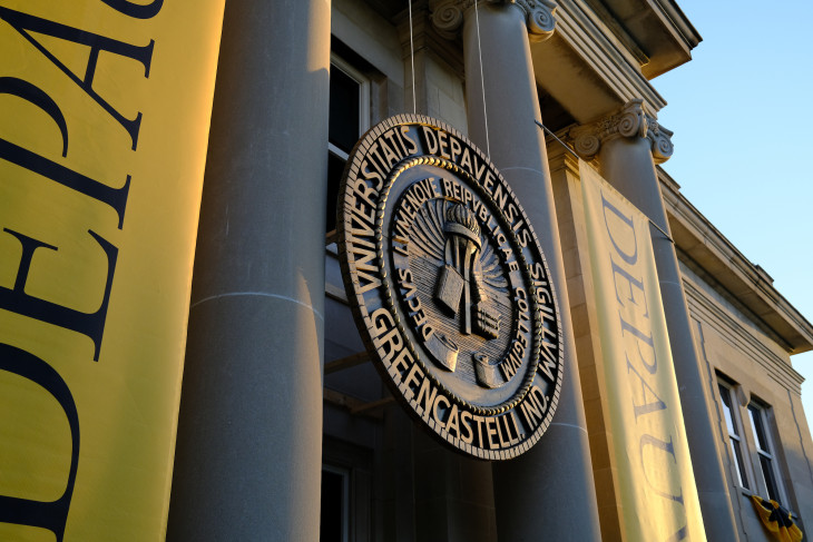 DePauw insignia and logos hung for President Lori White's inauguration