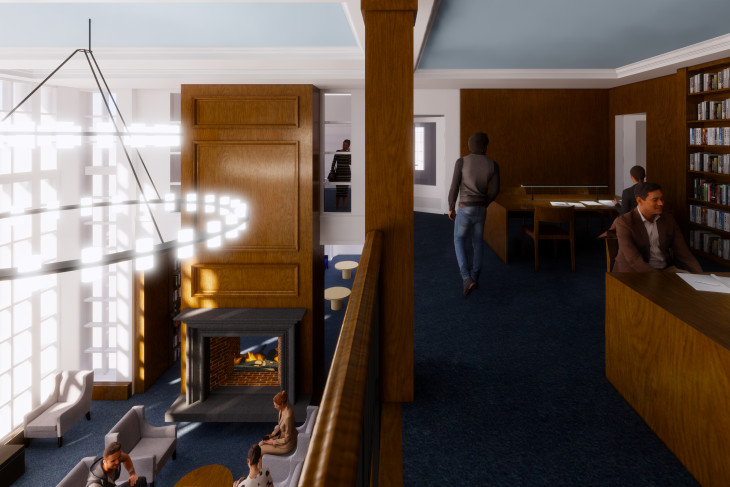 Rendering of reading room fireplace